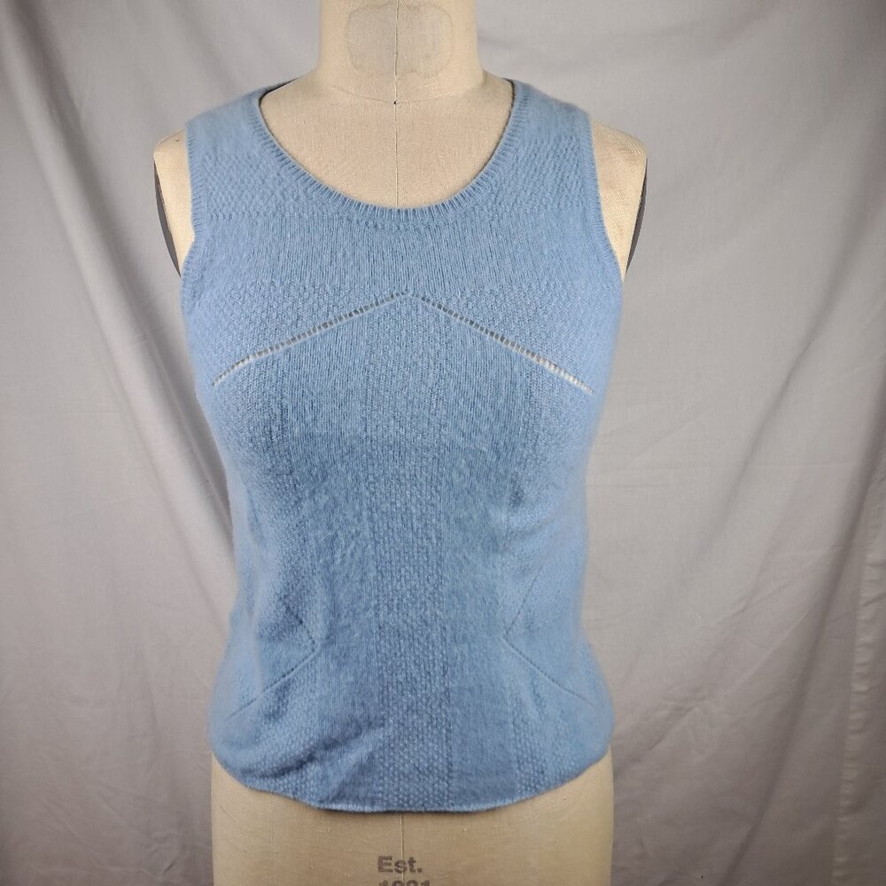 Max Studio 100% Cashmere Sweater Sleeveless Vest Shirt Light Blue with Pattern M